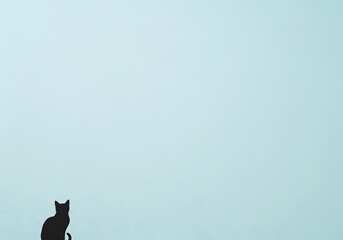 Clean and minimalist silhouette of a black cat sitting peacefully in the corner, against a light blue background with a hint of warm sunlight