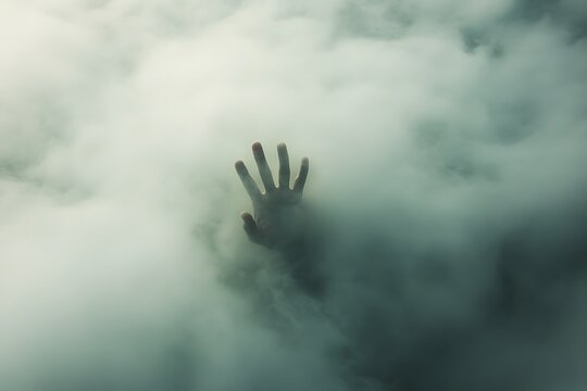 A lone hand reaching through a small gap in a thick fog the fingers blurred symbolizing the search for connection