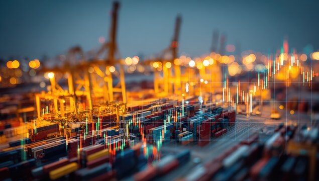Shipping port at night, overlaid with financial charts