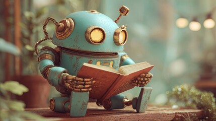 Playful Robot Reading Book in Fun Setting