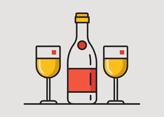 Flat design of a wine bottle and two glasses filled with yellow liquid