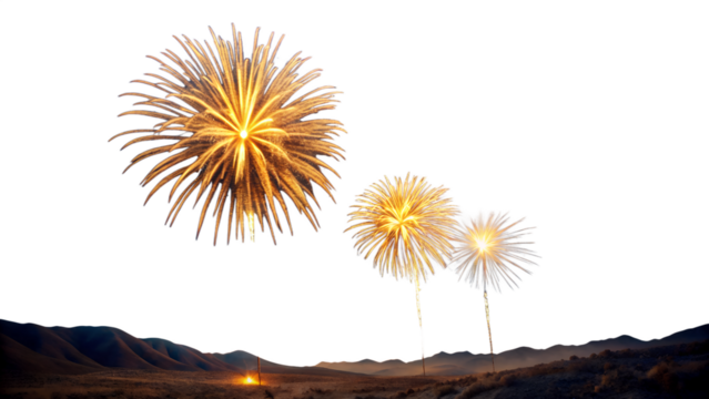 Photo of golden fireworks exploding in the night sky above a dark mountain landscape, creating a spectacular and festive display for a celebration or holiday event isolated on transparent background