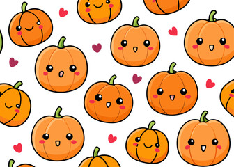 Cute kawaii pumpkins with hearts pattern