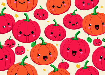 Cute kawaii pumpkins with happy faces in red and orange