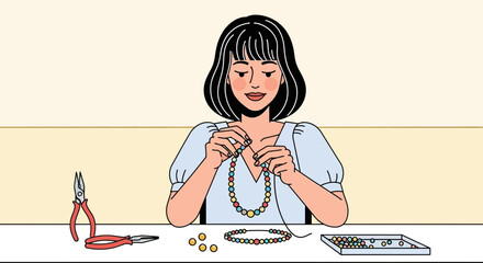 Woman creating jewelry from beads, engaging in a creative hobby at home studio