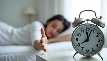 A woman reaching to turn off a loud, ringing alarm clock in the morning.