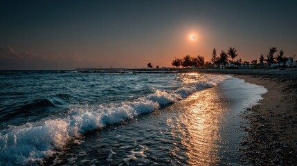 Fototapeta premium Dramatic sunset over a beach, waves crashing