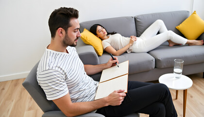 Therapist taking notes during a counseling session with a sleeping patient on a couch.