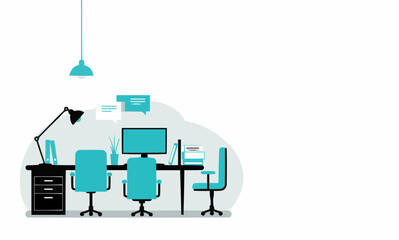 An office workplace with several blue chairs, a desk, and a computer monitor.