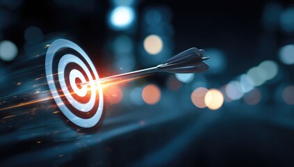 A dart, streaking with fiery trails, precisely hits the bullseye of a target, set against a blurred cityscape at night, symbolizing accurate achievement and success