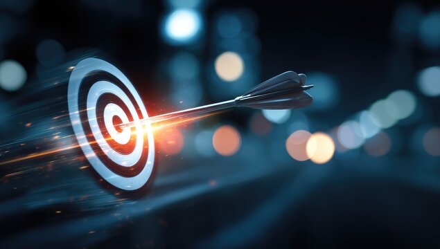 A dart, streaking with fiery trails, precisely hits the bullseye of a target, set against a blurred cityscape at night, symbolizing accurate achievement and success