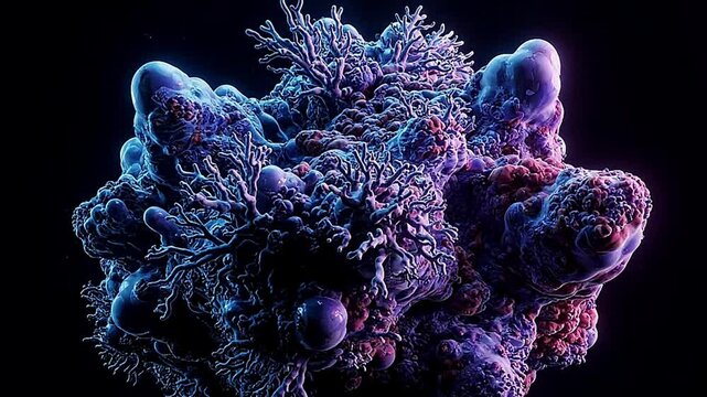 Intricate lumpy purpleblue biological formation on a black background