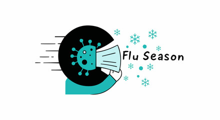 Illustration of a virus symbol with a sick person, representing the flu season.