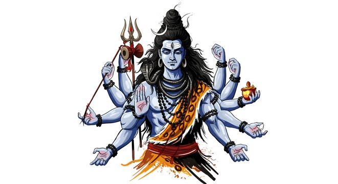 Shiva illustration shows the multi armed Hindu deity holding traditional attributes in a powerful and meditative artistic style.