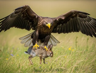 close-up of an eagle catching a rabbit with its talons