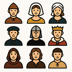 Faces of a bygone era A set of illustrated medieval character icons.