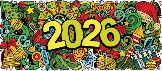 2026 doodles horizontal illustration. New Year objects and elements banner