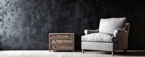 A modern armchair and cabinet against a dark textured wall
