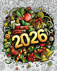 Festive vector illustration with 2026 surrounded by Christmas decorations