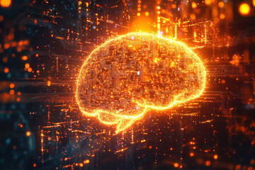 A brain made of computer chips is lit up in orange