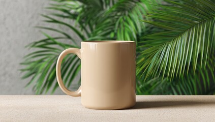 A light beige mug sits on a beige surface, blurred tropical foliage in the background.  It's a simple, clean, and minimalist scene