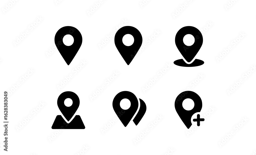 Poster minimalist location pin icons set with various designs for maps and navigation