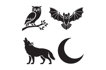 Halloween silhouettes of owl bat wolf and crescent moon