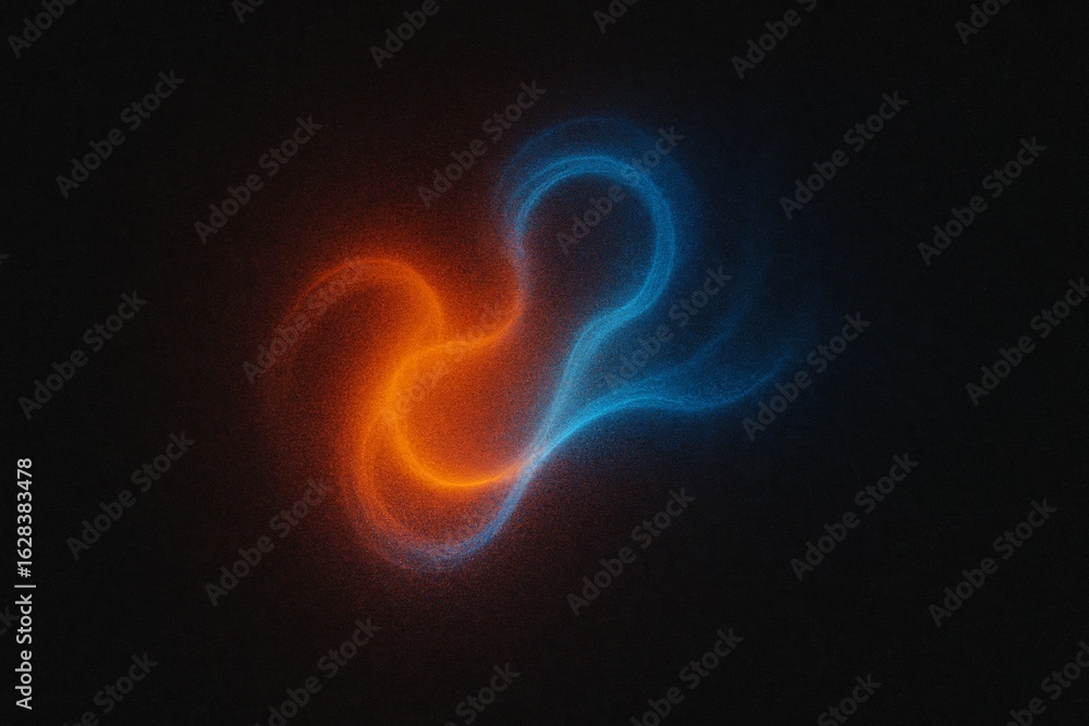 Poster vibrant orange and blue abstract shapes merging, blending in luminous particle cloud against dark ba