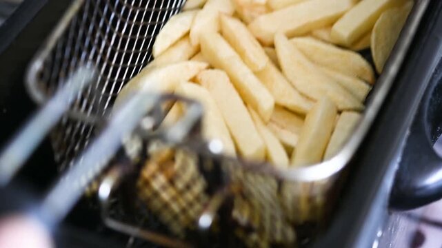 Removing French Fries from Deep Fryer and Draining Oil