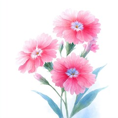 Fototapeta premium A vibrant watercolor illustration of pink flowers with delicate petals and green leaves, perfect for floral-themed designs, invitations, or home decor, Ideal for expressing beauty and freshness,