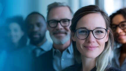 Professional business team standing together, showcasing workplace diversity, corporate unity, and collaborative spirit in modern office environment