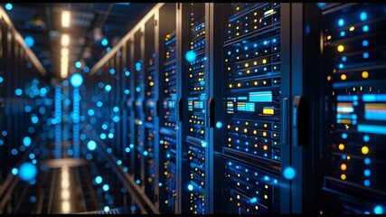Camera moving through a data center with server racks, blinking lights, and flowing digital particle effects - Powered by Adobe