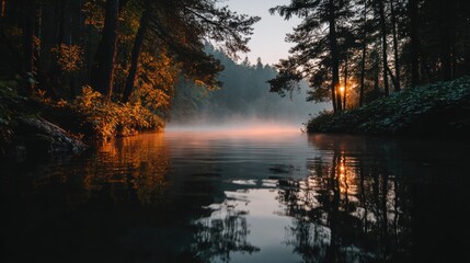 Misty sunrise over a serene forest lake