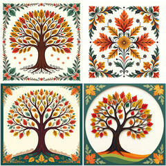 Napkin design with autumn motifs, colorful deciduous trees and ornaments, set