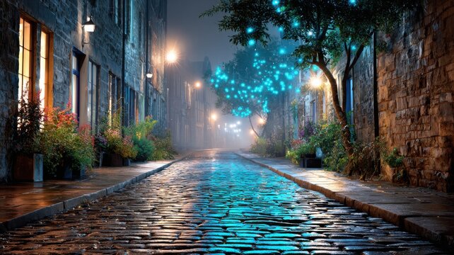 Misty cobblestone alleyway with soft fog enveloping distant urban skyline lights, creating a serene