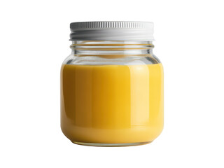 Glass jar filled with yellow liquid isolated on transparent background