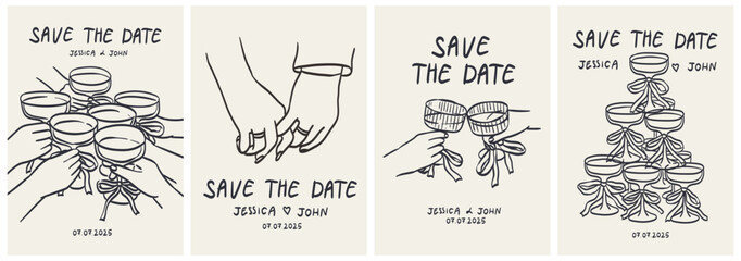Hand drawn wedding illustrations. Italian style dinner party posters and placards. Wine, champagne glass, or cocktails for wedding invitations, menus, placards and posters. Ink doodle sketch style. © KPstudio