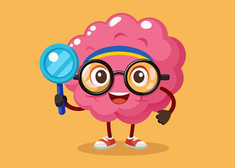 Curious cartoon brain character with a magnifying glass and glasses