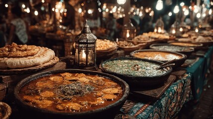 Naklejka premium Night market food stalls overflowing with diverse dishes under warm lamplight