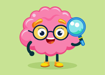 Cute cartoon brain character with a magnifying glass