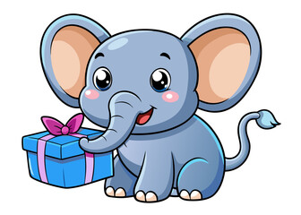 Cute cartoon elephant holding a blue gift box with a pink bow