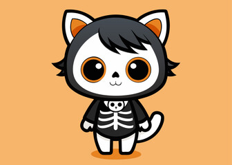 Cute halloween cat character in skeleton costume