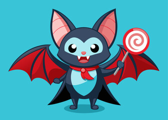 Cute cartoon bat holding a red and white lollipop