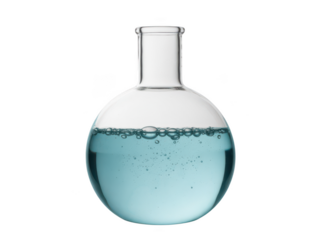 Round bottom flask with blue liquid and bubbles isolated on transparent background