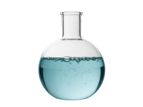 Round bottom flask with blue liquid and bubbles isolated on transparent background