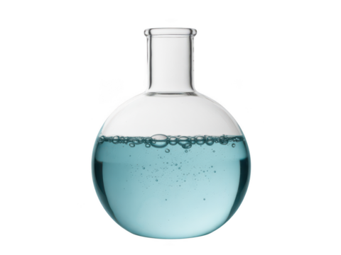Round bottom flask with blue liquid and bubbles isolated on transparent background - Powered by Adobe