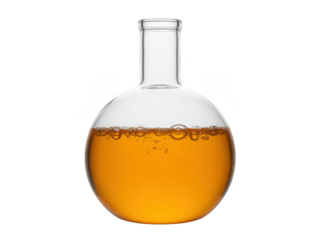 Round bottom flask containing amber liquid isolated on transparent background
