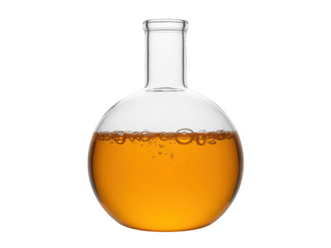 Round bottom flask containing amber liquid isolated on transparent background