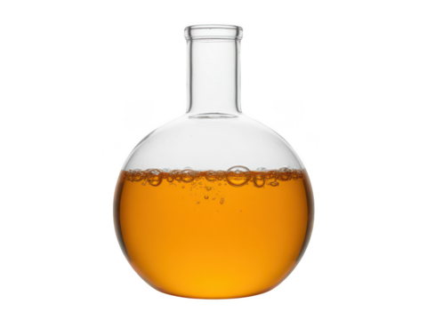Round bottom flask containing amber liquid isolated on transparent background