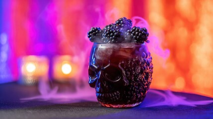 Spooky beverage close-up with dry ice and glowing background for creepy party stock content.